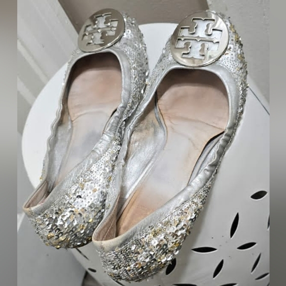 Tory Burch Reva Silver Sequins/Glitter Ballet Flats Shoes Size 8.5🌴 - Picture 8 of 11